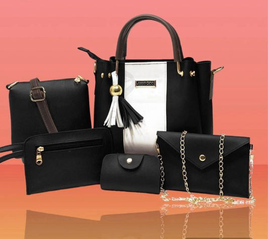 5-Piece Ladies' Synthetic Leather Handbag Set – Includes Tote, Clutch & Pouch (No Long Chain)